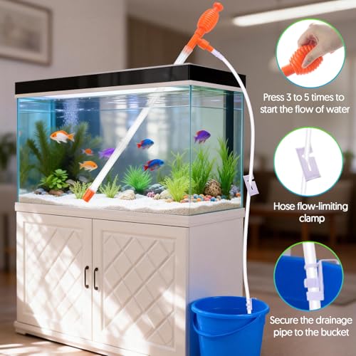 Fish Tank Cleaner Gravel Vacuum for Aquarium Water Changer Aquarium Siphon with Double Sided Sponge Brush Algae Scraper Fish Tank Cleaning Kit for Cleaning Gravel & Sand (Orange) - color: Orange