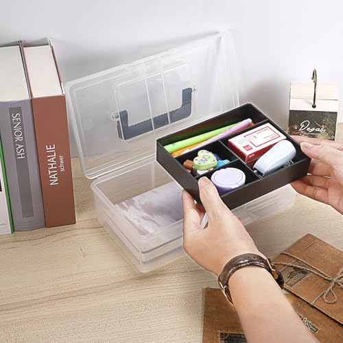 JUXYES Plastic Carry Storage Box with Removable Dividers, Clear Art Craft Supply Storage Bin Sewing Box With Handle Lid, 2 Layers Stationery Storage Case for School/Office Supplies - color: Black
