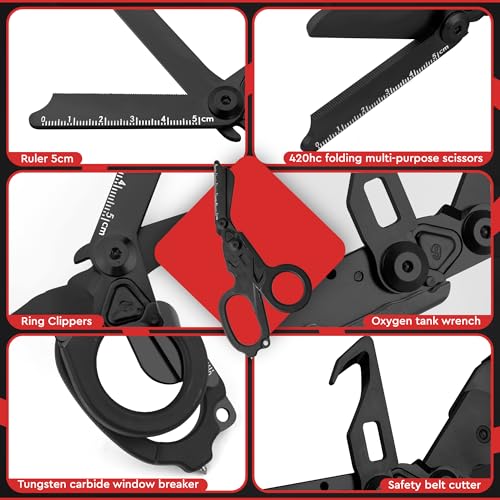 Heavy Duty 6 in 1 Multipurpose Emergency Trauma Shears Scissors with Holster, Outdoor Camping Rescue Tools with Glass Breaker, Strap Cutter Stainless Steel Foldable Scissors Pliers - color: Black/Black