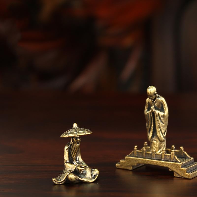 Acxico 6PC Brass Micro-Landscape Ornaments, Depicting Jiang Taigong Fishing, Fisherman's Small Bridge, Monk, with Miniature Fish Tank Decorations