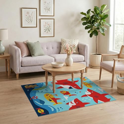 4'x6' Washable Flatwoven Rug, Red Kawaii Wave Easy Care Throw Carpet Stain Resistant Low Profile Floor Covering for Dorm Room, Small Living Room, Apartment | Ref:2070041 - color: Blue/Pattern 18, size: 4' x 6' (Rectangular)