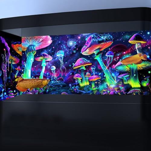 48X20IN Blacklight Aquarium Background UV Reactive Mushroom Background Starry Sky Terrarium Background with 10 EVA Double-Sided Tape - size: 48X20in/120X50cm