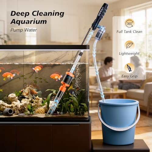 AKKEE Aquarium Vacuum Gravel Cleaner Handle Control, 8 in 1 Multifunctional 36W Electric Fish Tank Cleaner Vacuum for Automatic Water Change, Wash Sand, Water Circulation and Timed Off，Orange