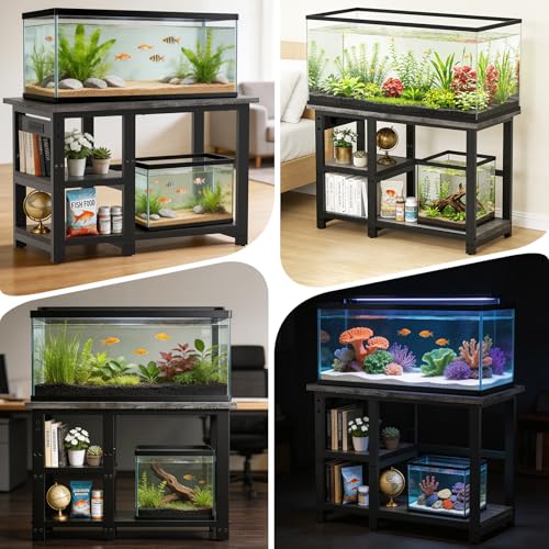 AQQA 35-40 Gallon Fish Tank Stand with 5 in 1 Power Outlets, 31x18 Inch Heavy Duty Metal Frame Aquarium Stand, Adjustable Storage Shelves, 620LBS Capacity Terrarium Stand, 3 Tiers Reptile Tank Stand