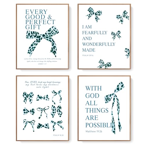LARTSFRO Coquette Blue Leopard Bow Wall Art Decor Posters, Y2K Cheetah Leopard Bow Room Bedroom Bathroom Dorm Wall Art Decor Aesthetic for College Teen Girls Gifts, Inspirational Bible Verses Bow Wall Decor, 10x8 Inch Set of 4 Pcs Bow Pictures (UNFRAMED)