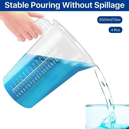 4 Pack 2 Liter Plastic Graduated Measuring and Mixing Pitcher, Aemygo Clear 1/2 Gallon Measuring Cups with Handle, Multipurpose Pouring Cup for Paint, Resin, Epoxy, Kitchen Cooking Baking Ingredients