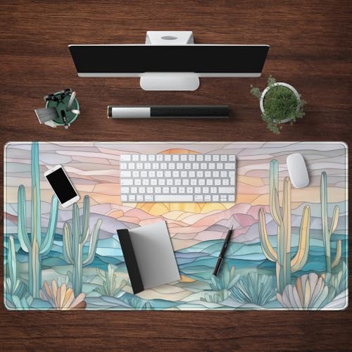Desk Mat Gaming Abstract Ocean Desk Pad Large Mouse and Keyboard Pad, Faux Stained Glass Sun & Waves Mouse Mat XXL Desk Protector, Computer Mats for Desktop Sun & Waves Office Decor 31.5" X 15.7" - color: Faux Stained Glass