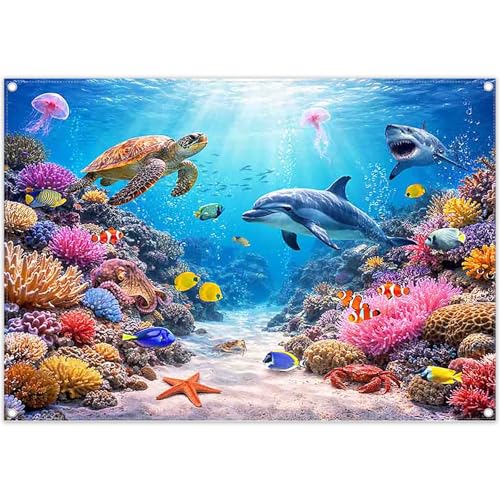Fabric 7x5ft Under The Sea Photography Backdrop Ocean Underwater World Animals Tropical Fish Dolphin Turtle Mermaid Sunlight Background Kids Party Decorations Photo Props - size: 7'x5'