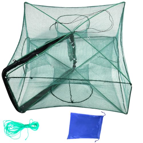 Drasry Black Fishing Bait Trap Foldable Fish Net for Minnow Crab Crayfish Crawdad Shrimp Trap Cast Net Dip Cage Collapsible Easy Use 4 6 Hole Fishing Accessories - color: green, size: 27.6*10.2 in（ 70*26 cm）, style: 1pcs 4 Entrance Holes