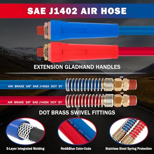 CheeMuii 12 FT Semi Truck Air Line Hose Assembly Rubber Air Brake Hoses With Flexible Grips & DOT Fittings for Truck Trailer Tractor - (Red & Blue Color-Coded) - size: 12 FT Assembly