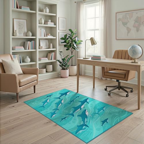 4'x6' Washable Graphic Shark Area Rug, Seafoam Green Flatwoven Floor Mat for Home Office, Gaming Room, Under Desk, Non-Slip Chair-Friendly Carpet | Ref:2068648 - color: Blue/Pattern 12, size: 4' x 6' (Rectangular)