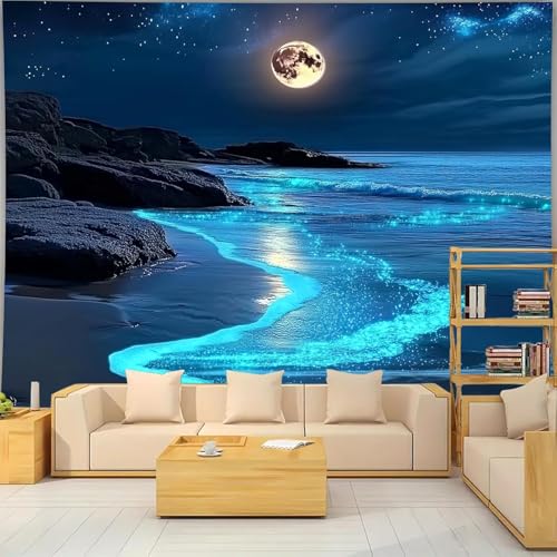 FENDROM 3D Fantasy Nature Sky Tapestry Stunningly Beautiful Moon Over Ocean Wall Hanging Landscape Wall Art Blanket for Bedroom Living Room - color: Blue, size: 90"L x 71"W