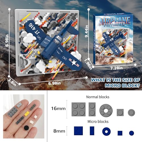 Military Plane 3D Wall Art Micro Mini Building Blocks Set, WW2 F4U Fighter Jet Wall Decor or Table Display, No Compatible with Lego, Great Army Airplane Toy Gift for Adults Teens 14+ (1674 PCS) - style: F4U Military Plane