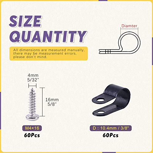 Swpeet 60 Pack Black 3/8 Inch Nylon Plastic R-Type Cable Clips Clamp Kit, Nylon Screw Mounting Cord Fastener Clips with 60 Pack Screws for Wire Management (3/8 Inch, Black) - color: Black, size: 3/8 Inch