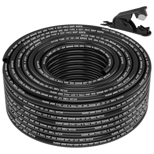 100FT 1/2 DOT Air Line SAE J844 PA12 Nylon Air Hose with Cutter 1/2” OD Pneumatic Tubing DOT Approved 1/2 Air Brake Hose for Air Suspension Kit Truck Trailer Brake System & Fluid Transfer 30.5m - size: 1/2" OD 100FT