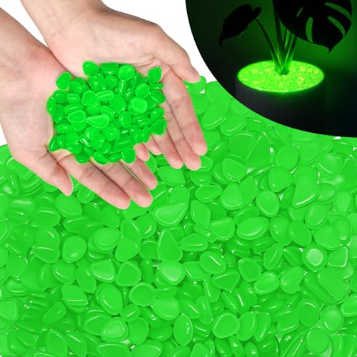 PoYang 1000pcs Glow in The Dark Rocks Outdoor - Green Resin Glowing Pebbles for Landscaping, Garden, Fish Tank and Aquarium Indoor Decor, Powered by Sunlight or Lamplight (0.4"-0.7"/pc, 1.2lbs/Bag) - color: Green