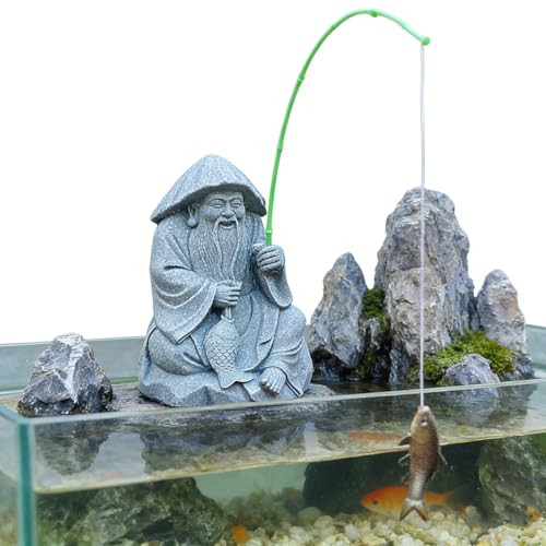 livelyfish Aquarium Fisherman Statue Japanese Old Man Figurine Sandstone Sitting Fishing Figurines for Fish Tank Garden Home Decor (E2) - color: E2