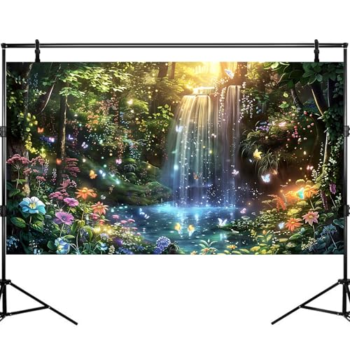 Jungle Waterfall Aquarium Background Fantasy Forest Vibrant Flowers Fish Tank Background Magical Forest Glade Dancing Butterflies Reptile Tank Backgrounds Tranquil Lake Terrarium Backgrounds 24x12in - color: Green_Purple, size: 24(W)x12(H)inches/ 60(W)*30
