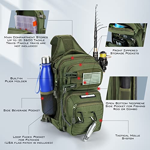 KastKing BlowBak Tactical Sling Tackle Bag-Lightweight Fishing Backpack Storge Fishing Gear and Equipment,Gift for Men - color: E: Green（14” X 8” X 6”）, size: Standard