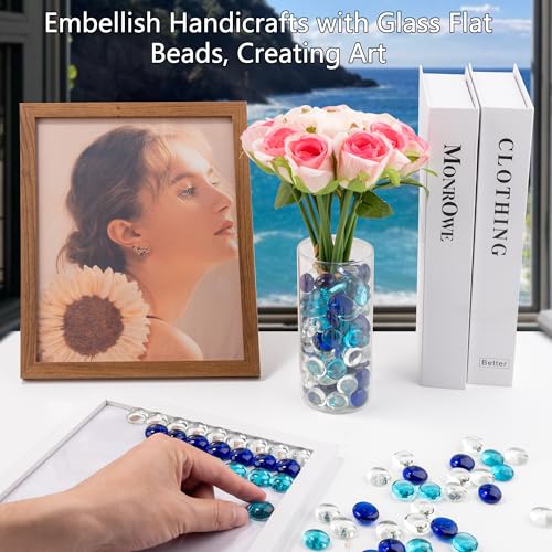 1LB Mixed Blue Glass Marbles, Transparent and Smooth Flat Glass Beads for Vases, Mosaic Gem Pebbles for Aquarium Decor, Floral Arrangements, Mancala Stones, Vase Filler and Crafts (Approx. 80-100 PCS) - color: Mixed Blue