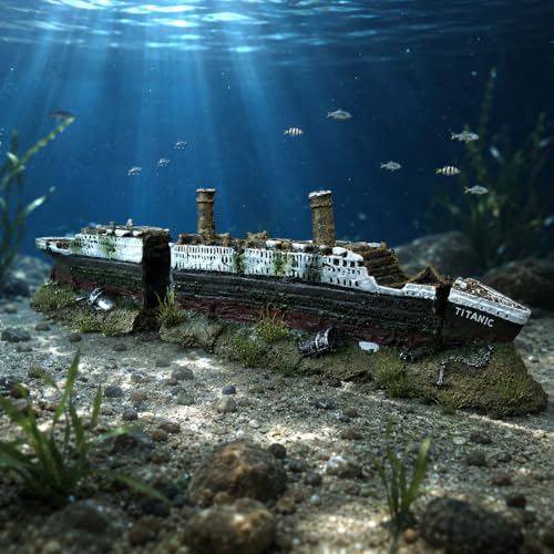 Aquarium Decor, Antique Roman Column Ruins & Titanic Shipwreck Ornament, European Castle Fish Tank Hideout Rocks for Aquascape & Underwater Landscaping