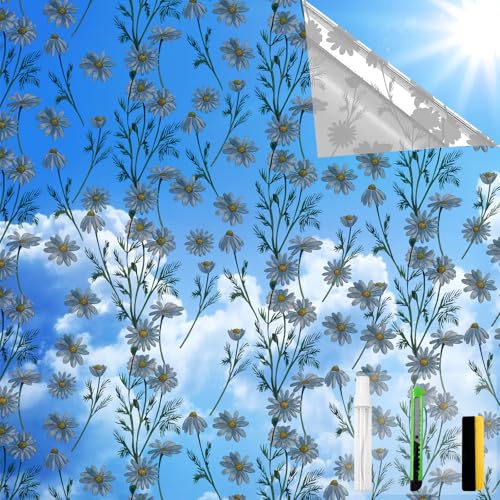 One Way Privacy Film, Window Tint for Home,Daytime Reflective, Anti UV Static Cling Sliding Door Coverings No Glue Garage Solar Paper (Silver -Daisy, 45.27 x 78.7 in) - color: Silver-daisy, size: 45.2 in X 78.7 in