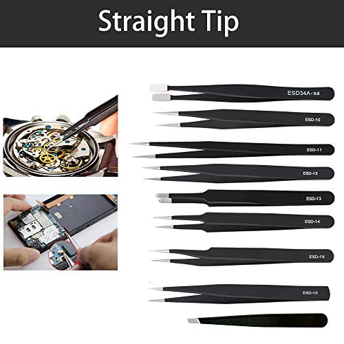 BOENFU Precision Tweezers Set 12 PCS Electronic Tweezers ESD 11, 12, 13, 15, 17 Pointed Tip Tweezers Kit for Electronics,Soldering, Craft, Jewelry, Ingrown, Eyelash