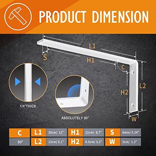 CLT White Shelf Bracket, 12” X 5” Quarter Inch (1/4") Thick- Max Load: 440 lb Rustic Industrial Modern Farmhouse Heavy Duty Cold Rolled Steel Bracket for Table Bench, Space Saving DIY, Pack of 4 - size: 12 Inch, style: White L Bracket
