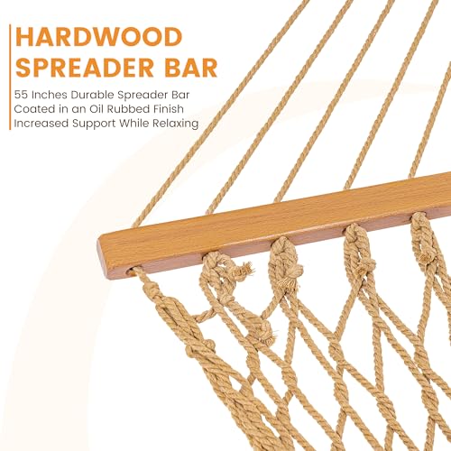 Lazy Daze Hammocks Double Rope Hammock, 2 Person Traditional Outdoor Hand Woven Cotton Rope Hammock with Spreader Bar, Carabiners, Tree Straps, Chains for Patio Yard - Max 450 Lbs, Tan - color: Tan