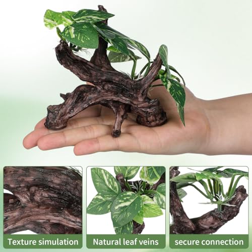 Veemoon Aquarium Driftwood Resin Decor with Cloth Leaf Plants and Driftwood Cave Realistic Fish Tank Landscape Ornament for Freshwater and Saltwater Aquatic Pets 6.69 X 4.33 X 3.93 Inch