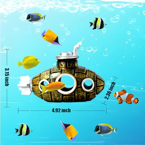 Fish Tank Decorations, Aquarium Decor Thematic Ornaments, Cute Little Diver Aquarium Decoration Cartoon Fish Playmate with Submarine - Floating Aquarium Decorations (Submarine Gold) - color: Submarine Gold