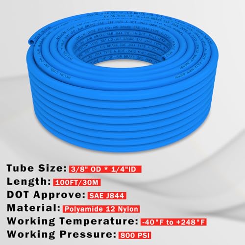 CheeMuii 100 FT 3/8" DOT Air Line Blue 3/8 PA12 Nylon Pneumatic Tubing 30.5 Meter 3/8 Inch OD Pneumatic Air Tubing Pipe Hose Line for Semi Truck Trailer or Industrial Air System - color: Blue, size: 3/8"OD-100FT