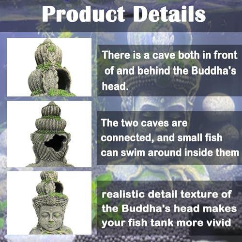 Aquarium Buddha Head Statue Decor Betta Resin Hideout Cave Fish Tank Accessories Sleep Rest Conceal Breed for Fish Shrimp Reptile Amphibian (1 PCS) - style: Buddha head