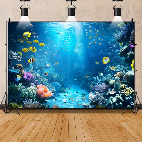 Under The Sea Backdrop 7x5ft Ocean Backdrop Underwater World Colorful Tropical Fish Coral Aquarium Deep Sea Sunlight Photography Background Birthday Under The Sea Party Decorations Photo Props - color: Blue2, size: 7x5ft