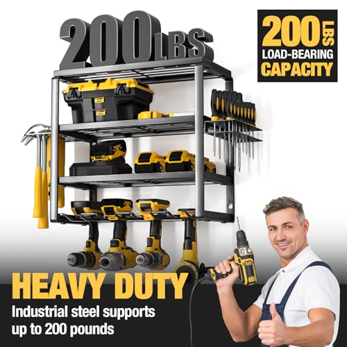 YYR 4 Layer Power Tool Organizer Wall Mount, Cordless Drill Hanger Storage Rack, Battery Tools Holder with Charging Station Shelf for Garage Organization, Workshop, Pegboard, Shed - 16 Inch 4 Slots - size: 16 Inch 4 Drills Holder