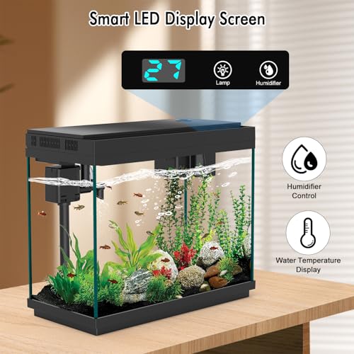 Smart Aquarium Fish Tank with Silent Water Pump, 2.4 Gallon Small Aquarium with Quick Start Kit, Temperature Display, Humidifier and RGB Lights, Perfect for Home, Office, and Decor, Black - color: 2.4 Gallon-Black