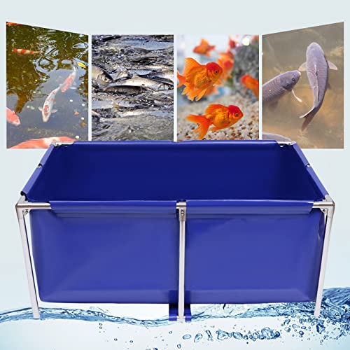 Canvas Fish Pond Aquarium Fish Water Tank, Koi Breeding Pond with Metal Frame and Drain Valve,Blue Cuboid Ornamental Swimming Pool Foldable Water Storage Above Ground Pond for Home