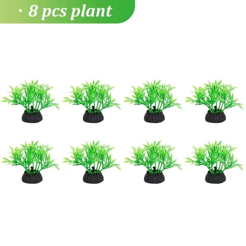 Aquarium Fish Tank Decorations 8PCS Small Green Artificial Plastic Fish Tank Plants Ornaments Safe for Betta Fish - color: Green and Black