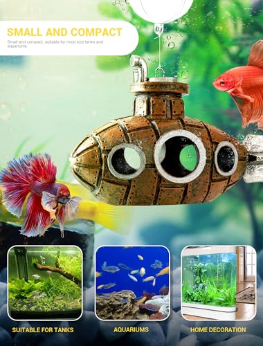 Floating Fish Tank Decoration, Little Cute Retro Submarine Aquarium Decoration with Two Float Balls, Resinous Fish Tank Accessorie, Safe Fish Toy for Betta Cichlid Goldfish Shrimps Hermit Crabs - size: 4.9'' Floating submarine
