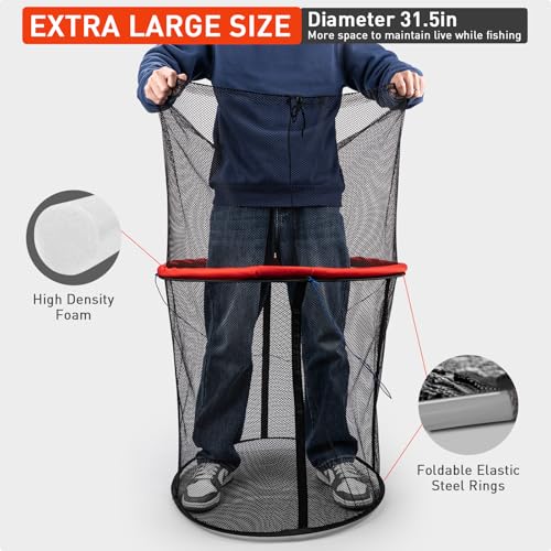 QualyQualy Floating Fish Basket 41/73 Gallons Extra Large for Live Caught, Fully Foldable Fishing Net Holder for Bait Live Well Collapsible Mesh Fishing Holder Cage - color: Red, size: 31.5*31.5*21.6IN (73 GAL)