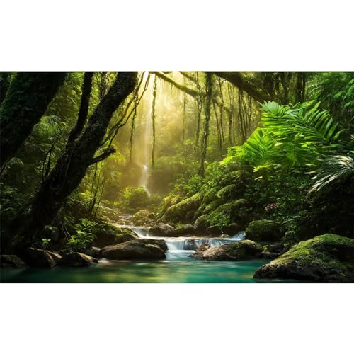 Jungle Aquarium Background Waterfall Flowing Turquoise Water Terrarium Backgrounds Tropical Rainforest Jungle Landscape Fish Tank Background Deep Foggy Misty Forest Reptile Tank Backgrounds 24x12in - color: Moss_Green, size: 24(W)x12(H)inches/ 60(W)*30cm(