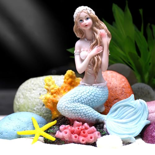 Rayberro 5.91" Mermaid Figurine Resin Mermaid Sculpture Mediterranean Princess Statue Home Office Desktop Ornaments Bookshelf Decor Mermaid Collectible Crafts Fish Tank Aquarium Decoration - color: Blue Sitting2
