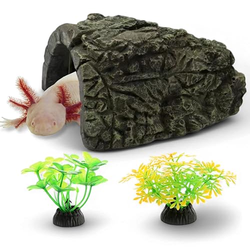 Axolotl Hides for Aquarium and Fake Water Plants Set, Axolotl Cave Aquarium Plastic Tree, Tortoise Turtle Hideout, Fish Tank Decor, Axolotls Tank Accessories, Turtle Tank Accessories (Plant Cave, L)