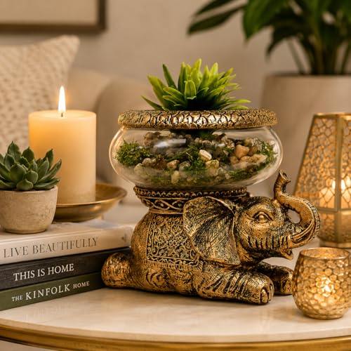 Good Luck Elephant Terrarium Bowl – Antique Gold Elephant Figurine with Removable Glass Bowl, Succulent Planter, Candle Holder, Air Plant Display & Zen Home Décor Accent