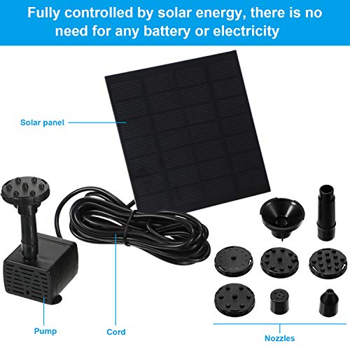 Mudder Solar Fountain Pump 1.5W 200L/H Solar Powered Panel Water Pump Garden Floating Tool with 6 Nozzles, Silicone Clear Tubing for Garden, Pool, Pond, Aquarium, Fountain Supplies