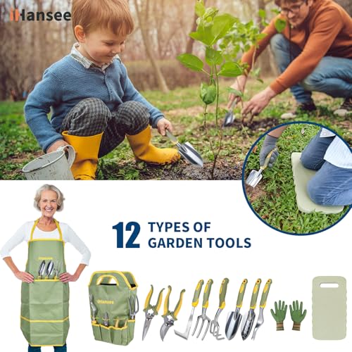 Set of 12 Garden Tool, iHansee Heavy-Duty Aluminum Gardening Hand Tools with Rubber Non-Slip Handle, Garden Apron, Gloves, Kneeling Pad and Storage Bag, Garden Hand Tools Starter Kit Landscaping Tools - style: Green