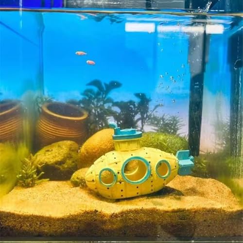 Yellow Floating Submarine Ornament for Fish Tank - Cute Retro Style Resin Decor, Safe Tankmate Toy for Betta, Cichlids, Goldfish, Shrimp, Hermit Crabs, Aquarium Accessory