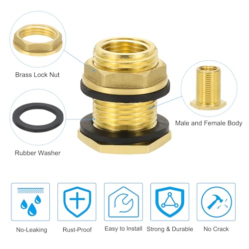 PATIKIL Brass Bulkhead Fitting 2 Pcs 1/2" NPT Female x 3/4" GHT Male, Garden Hose Threaded Double Threaded Bulkhead Water Tank Connector for Rain Bucket, Sinks, Aquariums