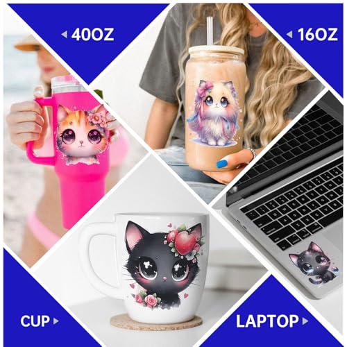 UV DTF Cup Wrap for 16oz Glass, 12 Sheets Cute Cat Theme UV DTF Decals, Tumblers, Rub on Transfer Stickers - style: Cute Cat Theme