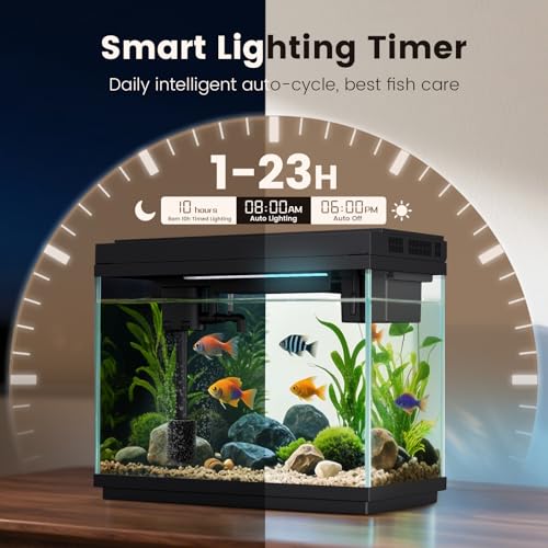 Fishkeeper 2.3G Smart Aquarium - Ultra Clear Glass Fish Tank w/Auto Timer 8-Color RGB Lights, 4-in-1 Self-Cleaning Silent Water Pump, Aromatherapy, Temperature Display, Perfect for Desktop Decor
